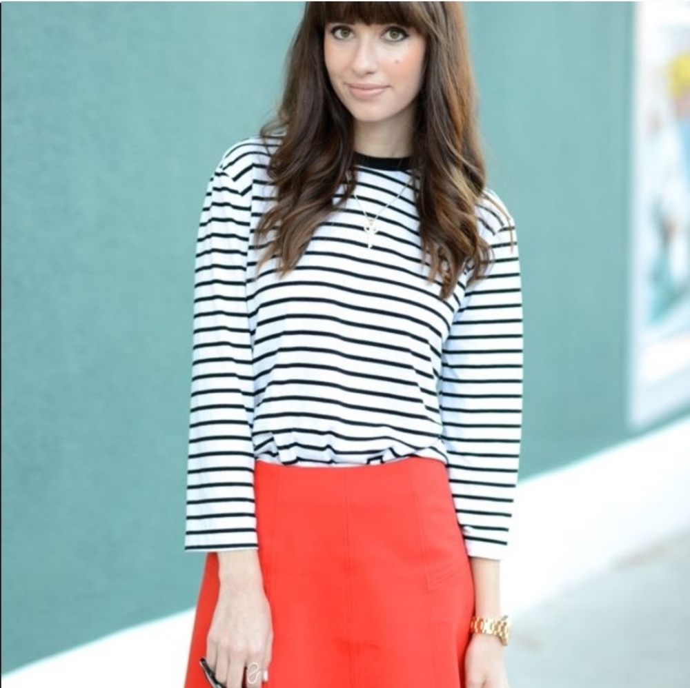 Heidi Merrick Bretton Black White Striped Shirt Crew Neck Nautical Minimalist XS